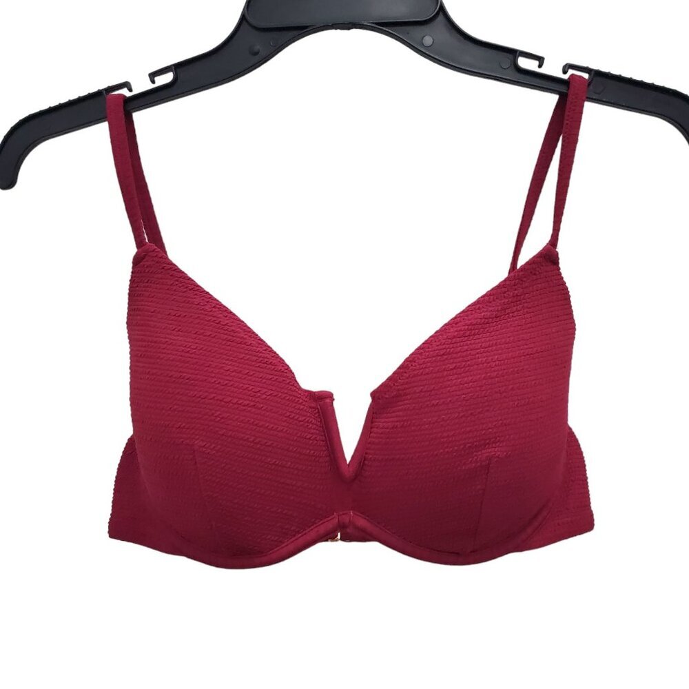 Target Women's Burgundy Textured Plunge Neck Underwire‎ Swim Top Bikini Size 34C